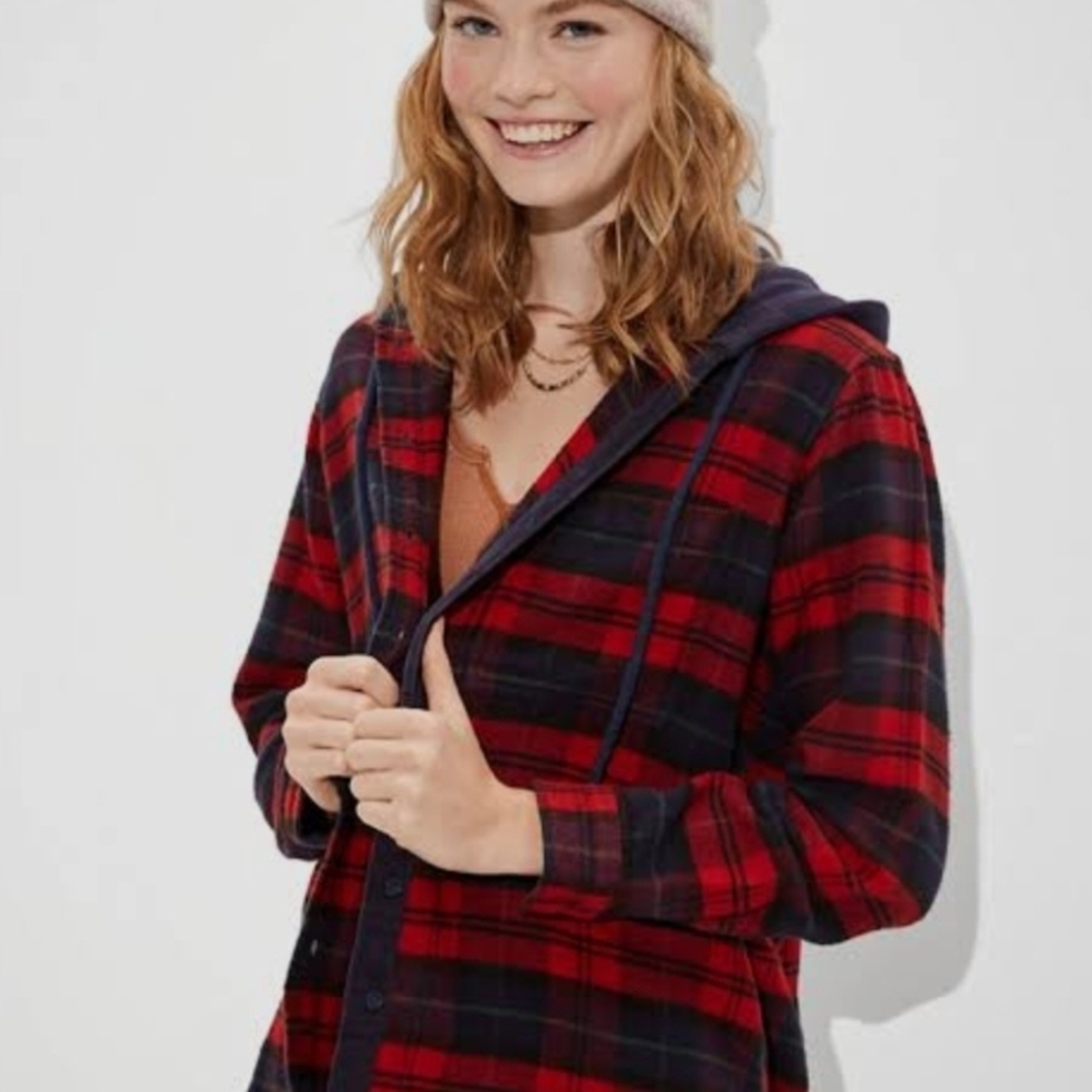 VTG Y2K AMERICAN EAGLE Womens FLANNEL PLAID HOODIE BUTTON UP GORP CORE CABIN Xl